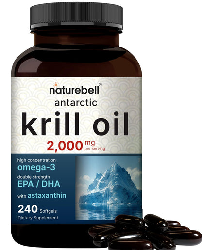 NatureBell Antarctic Krill Oil 2000mg Supplement, 240 Softgels, 3X Strength Natural Source of Omega-3s, EPA 240mg + DHA 160mg + Astaxanthin 800mcg - dailyvitalstore