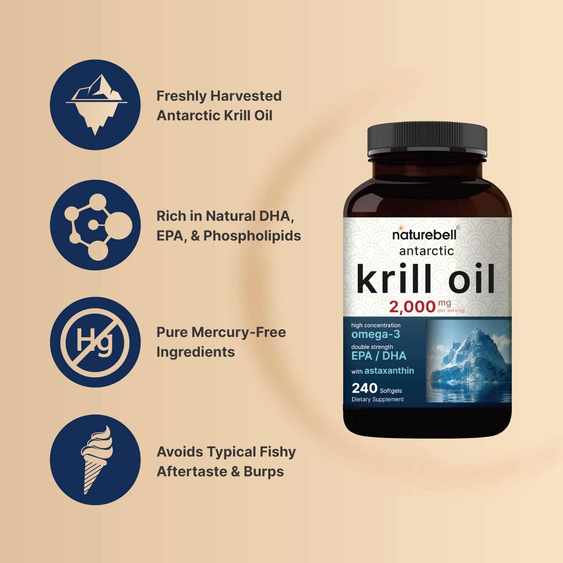 NatureBell Antarctic Krill Oil 2000mg Supplement, 240 Softgels, 3X Strength Natural Source of Omega-3s, EPA 240mg + DHA 160mg + Astaxanthin 800mcg - dailyvitalstore