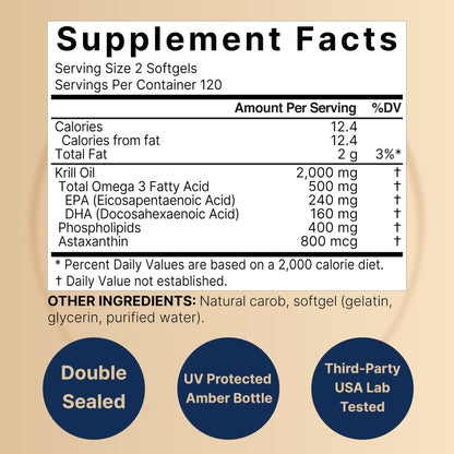 NatureBell Antarctic Krill Oil 2000mg Supplement, 240 Softgels, 3X Strength Natural Source of Omega-3s, EPA 240mg + DHA 160mg + Astaxanthin 800mcg - dailyvitalstore
