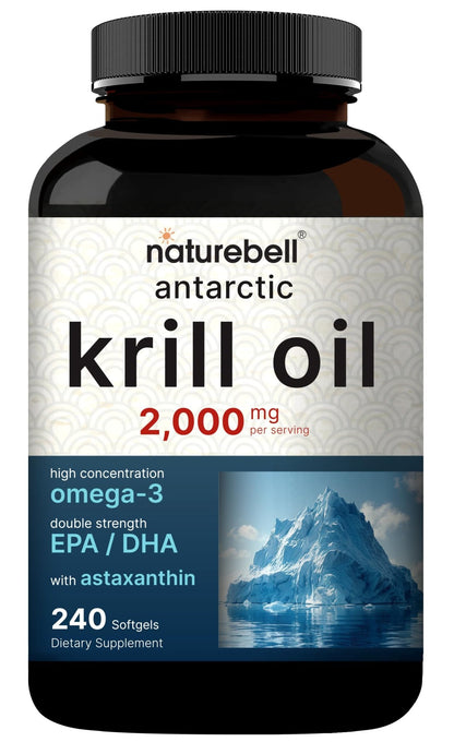 NatureBell Antarctic Krill Oil 2000mg Supplement, 240 Softgels, 3X Strength Natural Source of Omega-3s, EPA 240mg + DHA 160mg + Astaxanthin 800mcg - dailyvitalstore