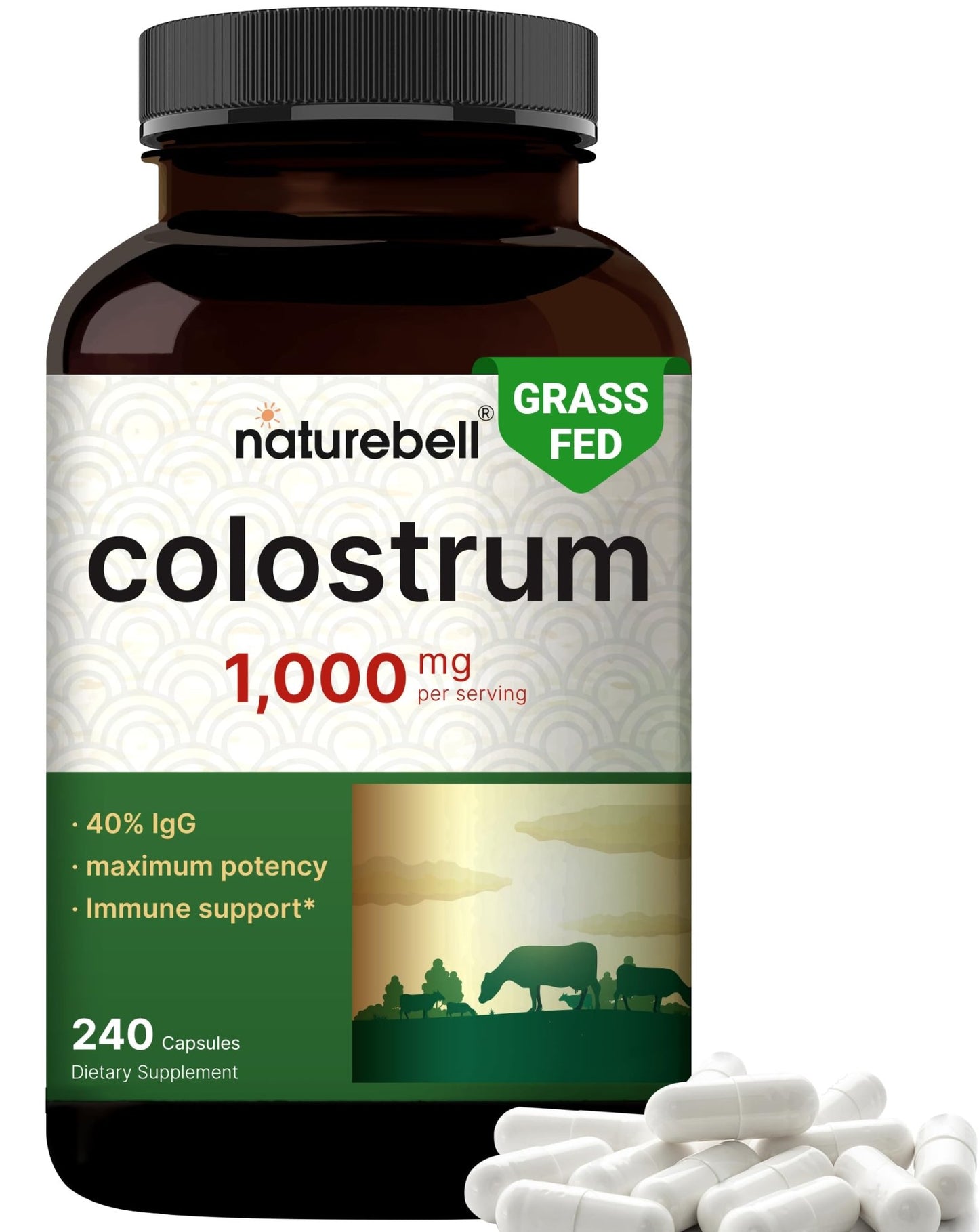 NatureBell Bovine Colostrum Supplement 1,000mg Per Serving, 240 Capsules | 40% IgG Colostrum Powder for Gut Health, Bloating, Skin, - dailyvitalstore