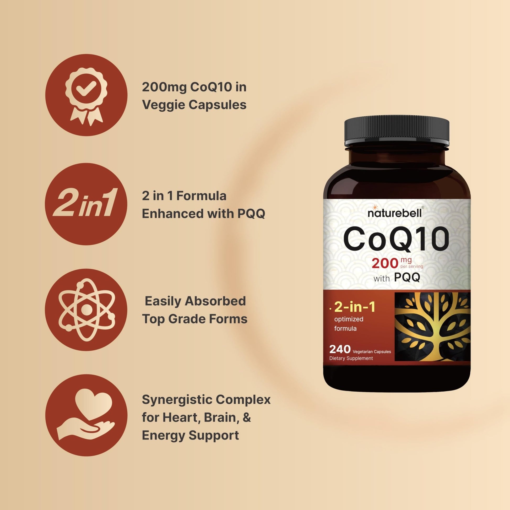 NatureBell CoQ10 200mg with PQQ, 240 Veggie Capsules | Stable High Absorption Form – Antioxidant Support for Heart, & Energy Health - dailyvitalstore