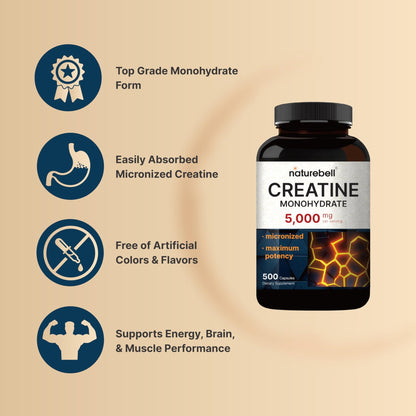 NatureBell Creatine Monohydrate Capsules 5,000mg Per Serving, 500 Count | Micronized, Unflavored Creatine Pills | Pre-Workout & Muscle Strength Support - dailyvitalstore