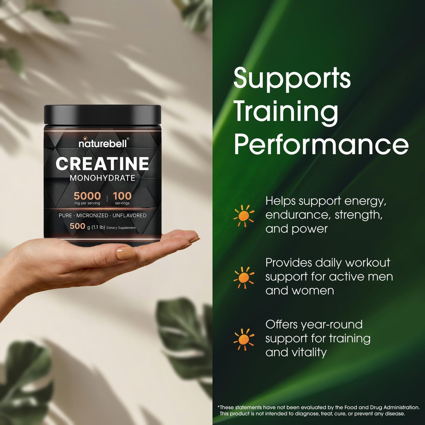 NatureBell Creatine Monohydrate Powder - 500g - Micronized Powder - Delivers 5,000mg Creatine Per Serving - Pre-Workout or Post-Workout Support* - dailyvitalstore
