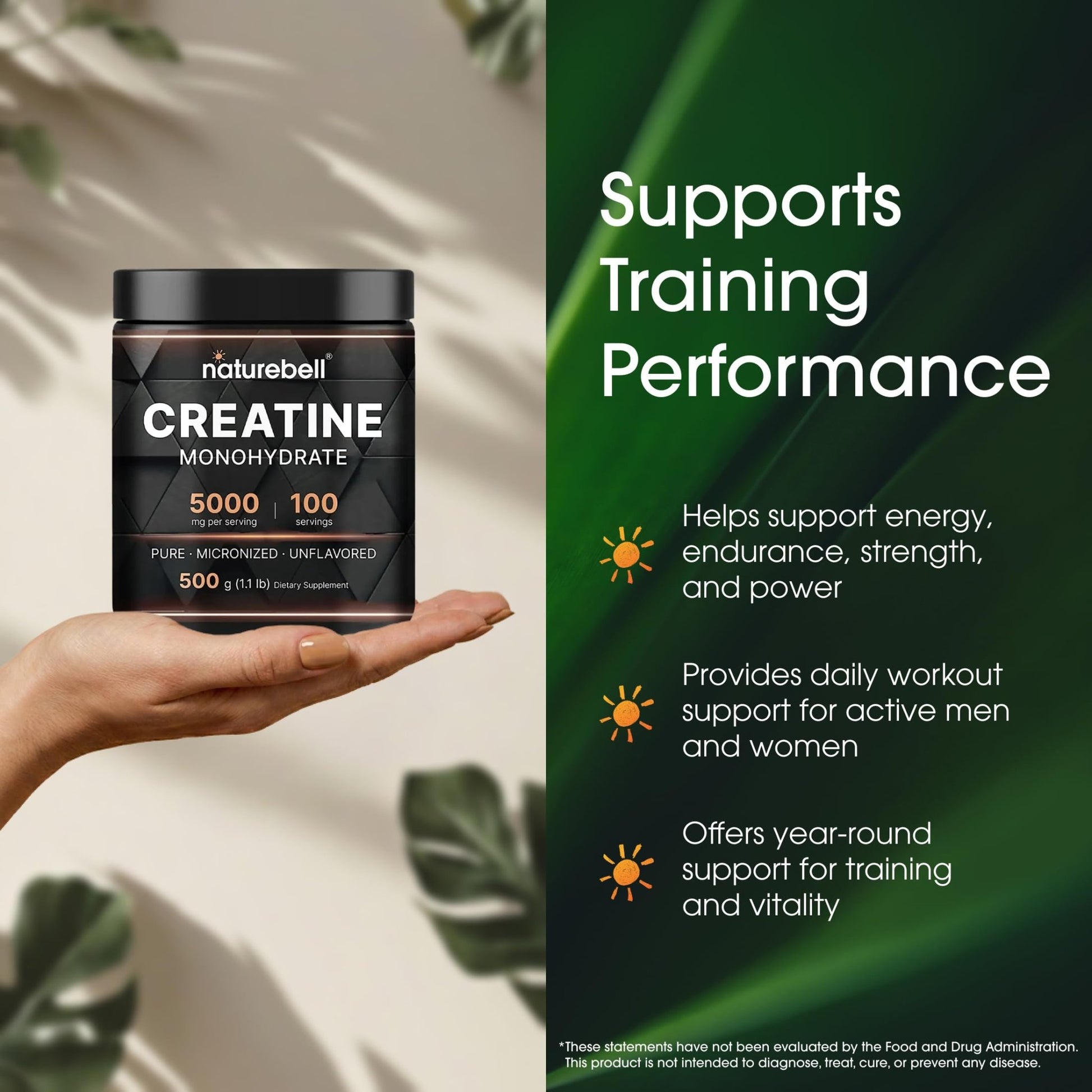 NatureBell Creatine Monohydrate Powder - 500g - Micronized Powder - Delivers 5,000mg Creatine Per Serving - Pre-Workout or Post-Workout Support* - dailyvitalstore