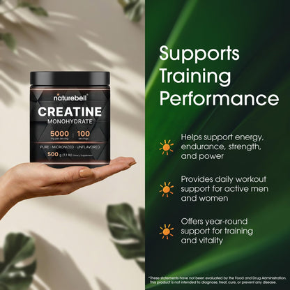 NatureBell Creatine Monohydrate Powder - 500g - Micronized Powder - Delivers 5,000mg Creatine Per Serving - Pre-Workout or Post-Workout Support* - dailyvitalstore