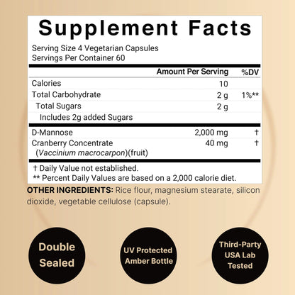 NatureBell D-Mannose 500mg Capsules (2,000mg Per Serving) | 240 Veggie Capsules + Cranberry Concentrate 40mg – Fast Acting Urinary Tract Health Pills – Ultra UTI Support for Women & Men - dailyvitalstore