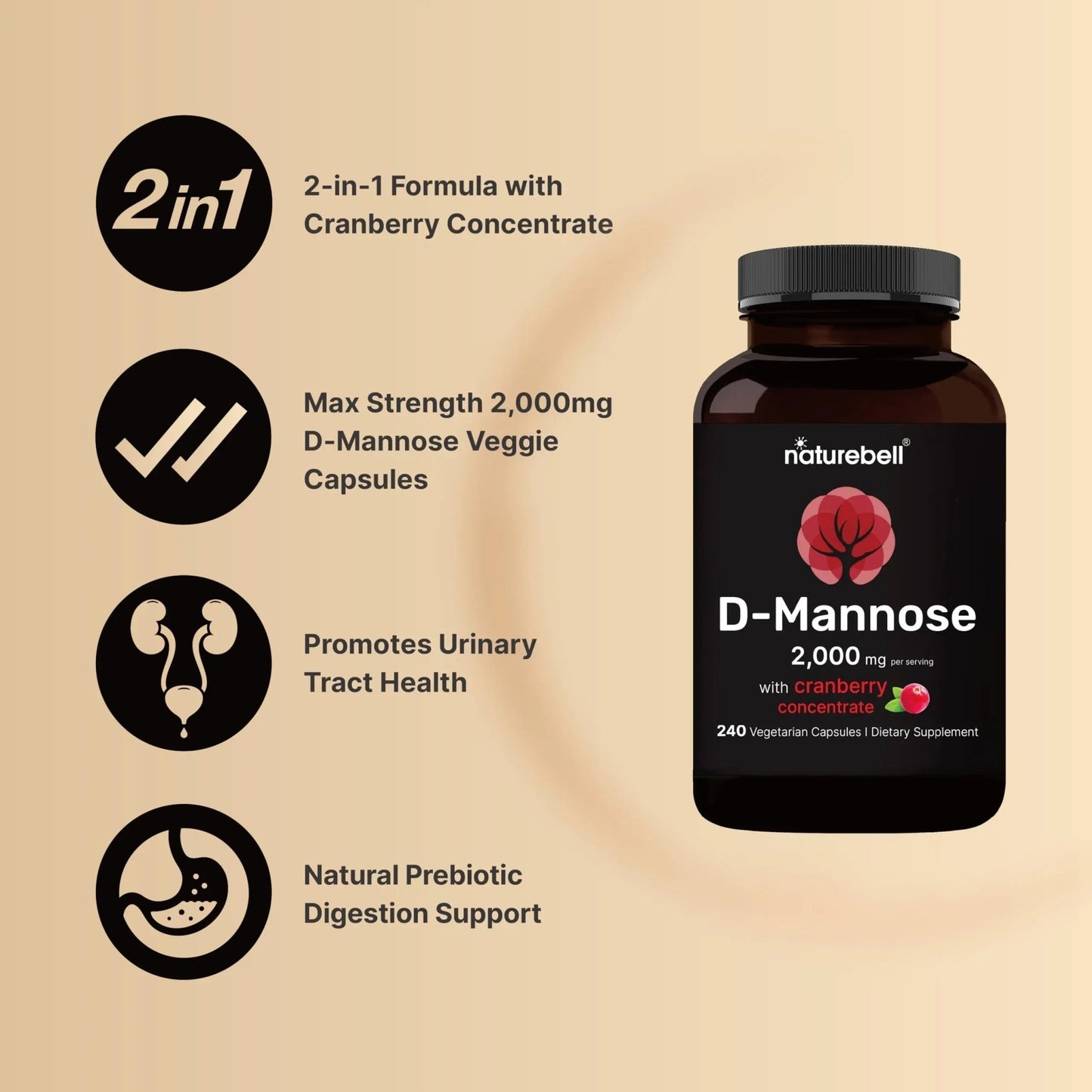 NatureBell D-Mannose 500mg Capsules (2,000mg Per Serving) | 240 Veggie Capsules + Cranberry Concentrate 40mg – Fast Acting Urinary Tract Health Pills – Ultra UTI Support for Women & Men - dailyvitalstore