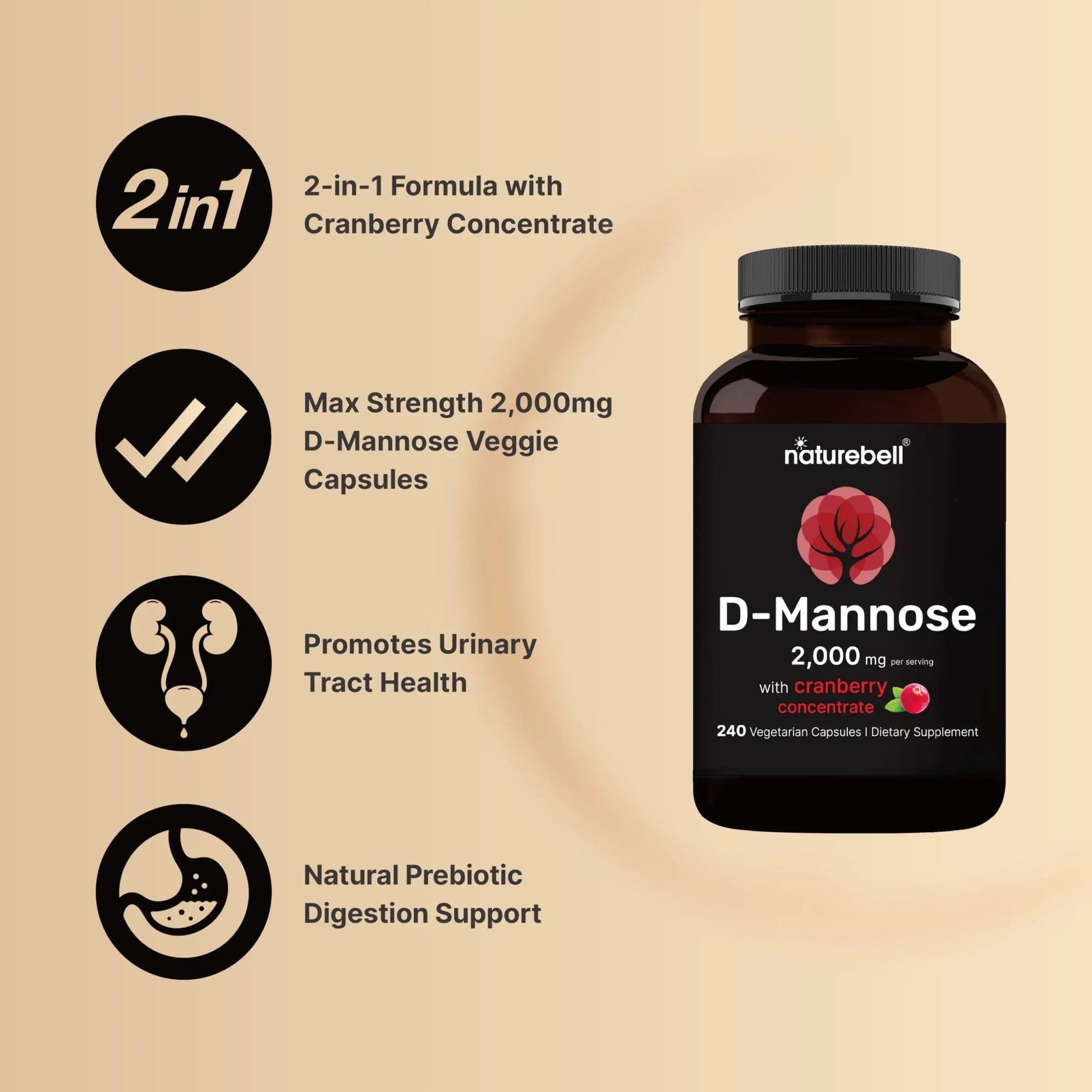 NatureBell D-Mannose 500mg Capsules (2,000mg Per Serving) | 240 Veggie Capsules + Cranberry Concentrate 40mg – Fast Acting Urinary Tract Health Pills – Ultra UTI Support for Women & Men - dailyvitalstore