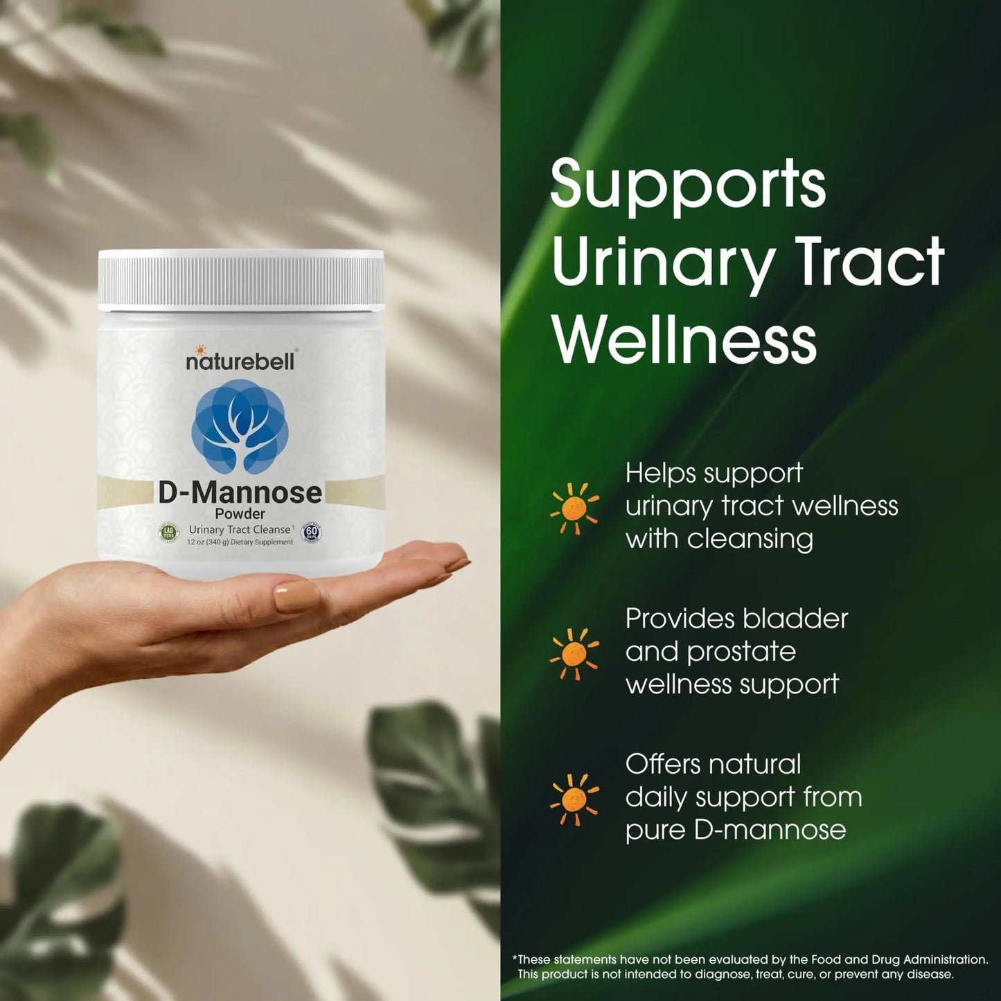 NatureBell D-Mannose Powder - 12oz - High Potency 2g Per Scoop - Fast Acting Support for Healthy Urinary Function & Bladder Wellness* - Pure, Filler-Free Non-GMO Powder - dailyvitalstore