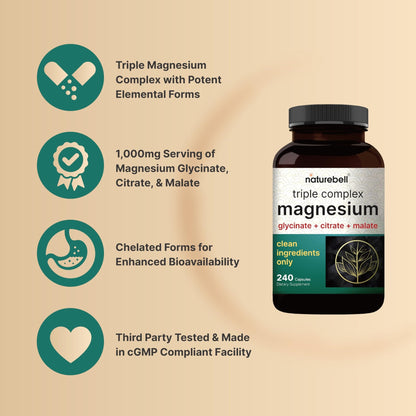 NatureBell Magnesium Complex for Women & Men 1,000mg Per Serving – 240 Capsules – Triple Magnesium Complex with Glycinate, Citrate & Malate – Chelated & Purified – Non‑GMO, Filler Free - dailyvitalstore