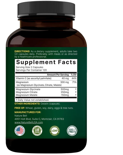 NatureBell Magnesium Complex for Women & Men 1,000mg Per Serving – 240 Capsules – Triple Magnesium Complex with Glycinate, Citrate & Malate – Chelated & Purified – Non‑GMO, Filler Free - dailyvitalstore