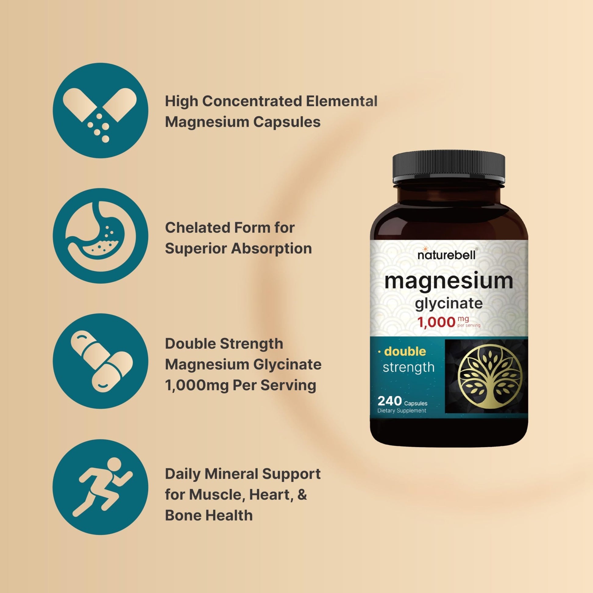 NatureBell Magnesium Glycinate 1,000mg, 240 Capsules | 500mg per Capsule | 100% Chelated & Purified | Sleep, Muscle & Nerve Support | Non-GMO, Gluten-Free - dailyvitalstore