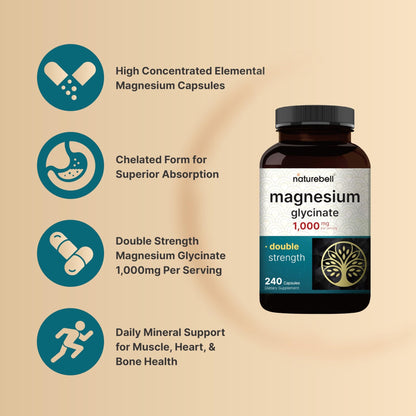 NatureBell Magnesium Glycinate 1,000mg, 240 Capsules | 500mg per Capsule | 100% Chelated & Purified | Sleep, Muscle & Nerve Support | Non-GMO, Gluten-Free - dailyvitalstore