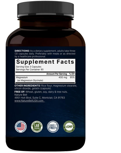 NatureBell Magnesium Glycinate 400mg Elemental, 270 Capsules | 100% Chelated for High Absorption | Supports Muscle, Bone & Heart Health | Non-GMO, Gluten-Free, Vegan - dailyvitalstore