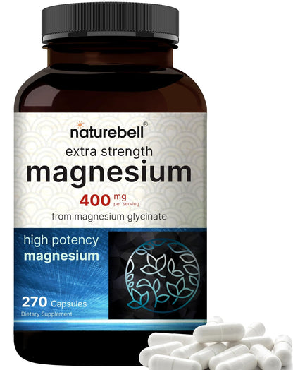NatureBell Magnesium Glycinate 400mg Elemental, 270 Capsules | 100% Chelated for High Absorption | Supports Muscle, Bone & Heart Health | Non-GMO, Gluten-Free, Vegan - dailyvitalstore