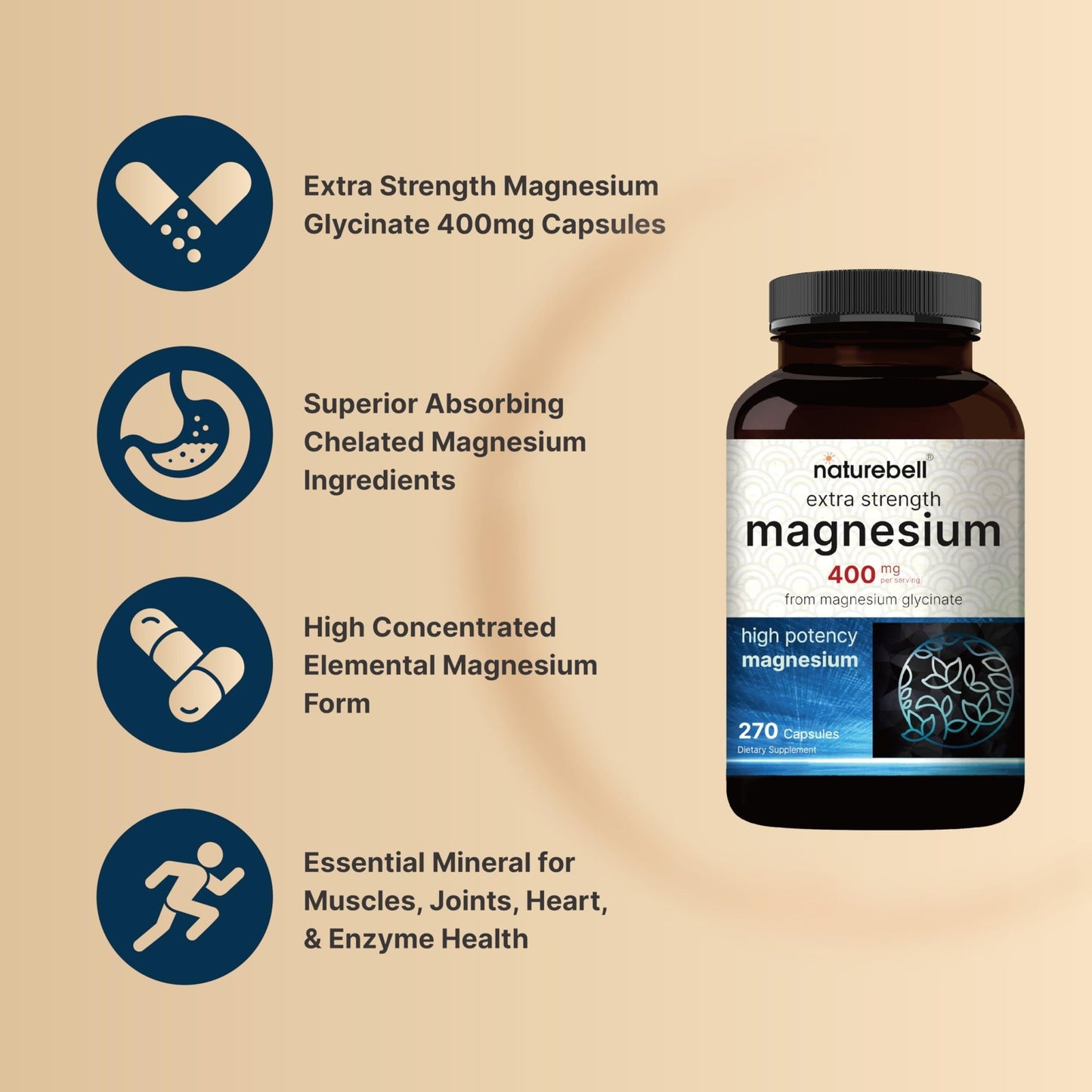NatureBell Magnesium Glycinate 400mg Elemental, 270 Capsules | 100% Chelated for High Absorption | Supports Muscle, Bone & Heart Health | Non-GMO, Gluten-Free, Vegan - dailyvitalstore