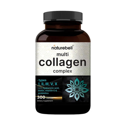 NatureBell Multi Collagen Complex - 300 Capsules - 5 Collagen Peptides (Type I, II, III, V, X), Hyaluronic Acid, Biotin & Probiotics - Hair, Skin, Nail, Joint & Gut Health Support* - dailyvitalstore