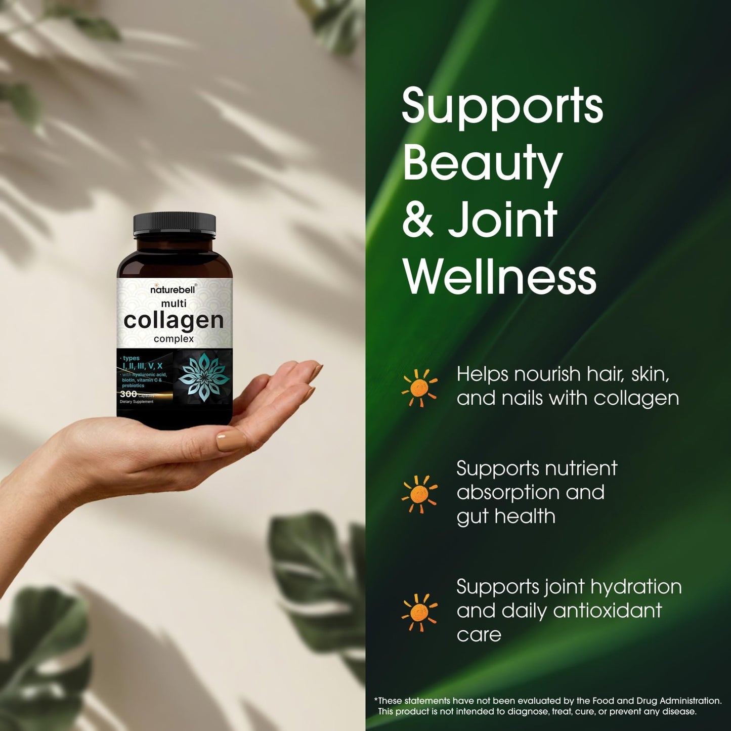 NatureBell Multi Collagen Complex - 300 Capsules - 5 Collagen Peptides (Type I, II, III, V, X), Hyaluronic Acid, Biotin & Probiotics - Hair, Skin, Nail, Joint & Gut Health Support* - dailyvitalstore