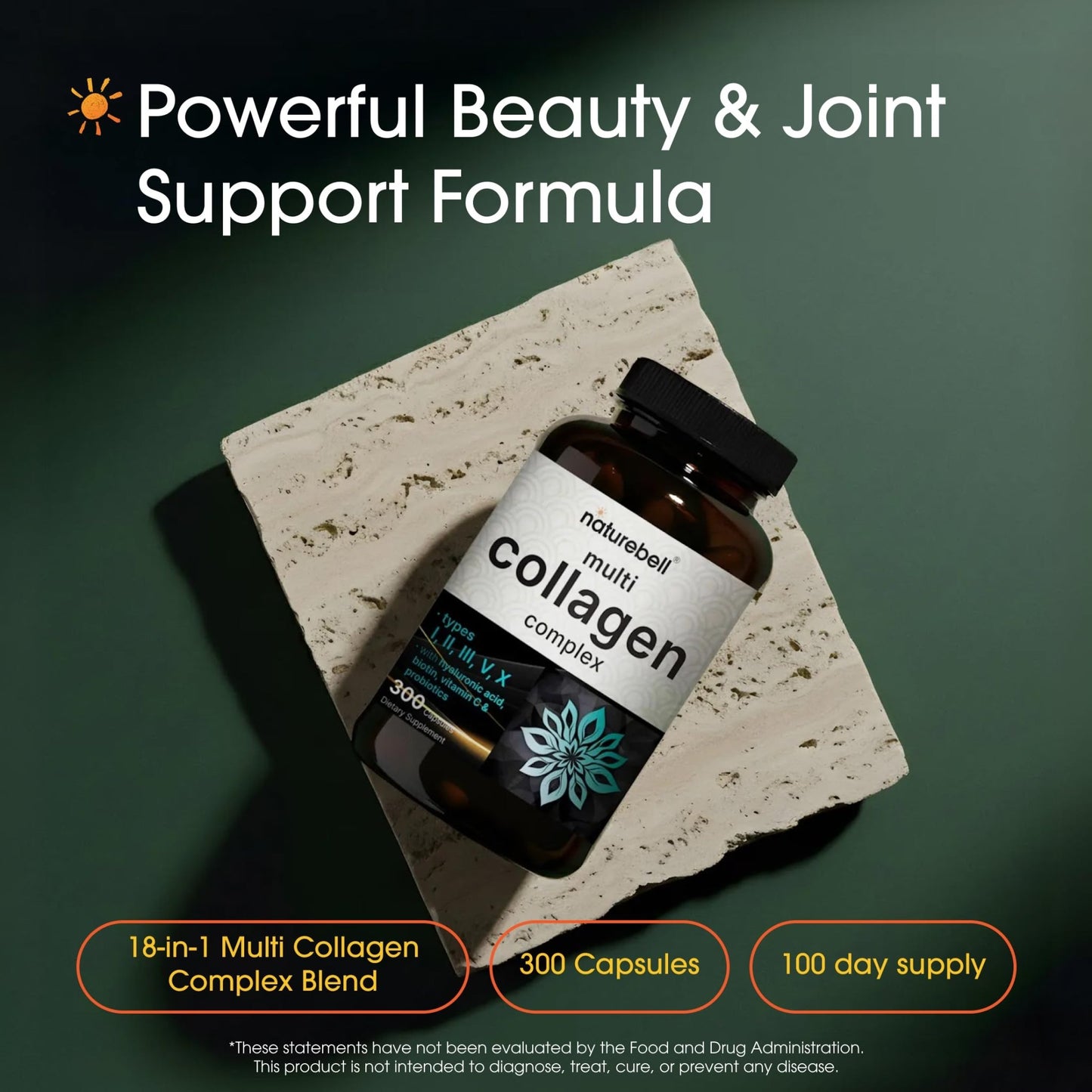 NatureBell Multi Collagen Complex - 300 Capsules - 5 Collagen Peptides (Type I, II, III, V, X), Hyaluronic Acid, Biotin & Probiotics - Hair, Skin, Nail, Joint & Gut Health Support* - dailyvitalstore