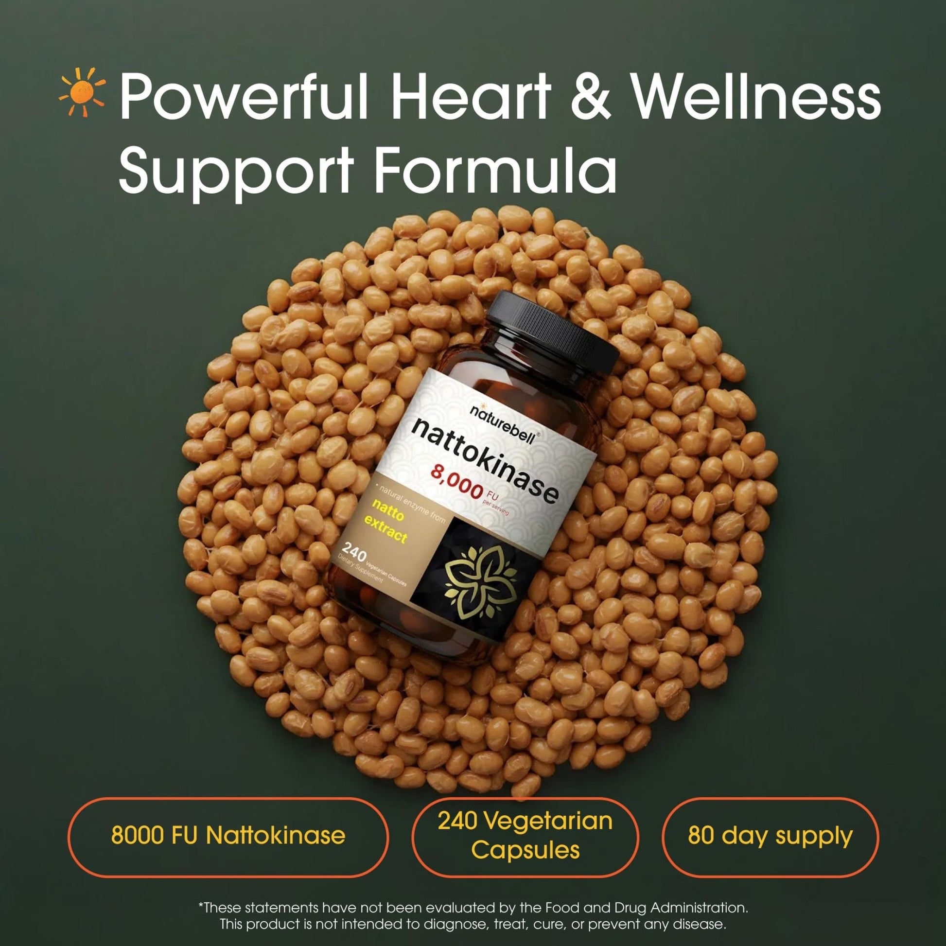 NatureBell Nattokinase - 240 Capsules - 8,000 FU Max Strength from Fermented Natto Extract - for Heart Health - dailyvitalstore