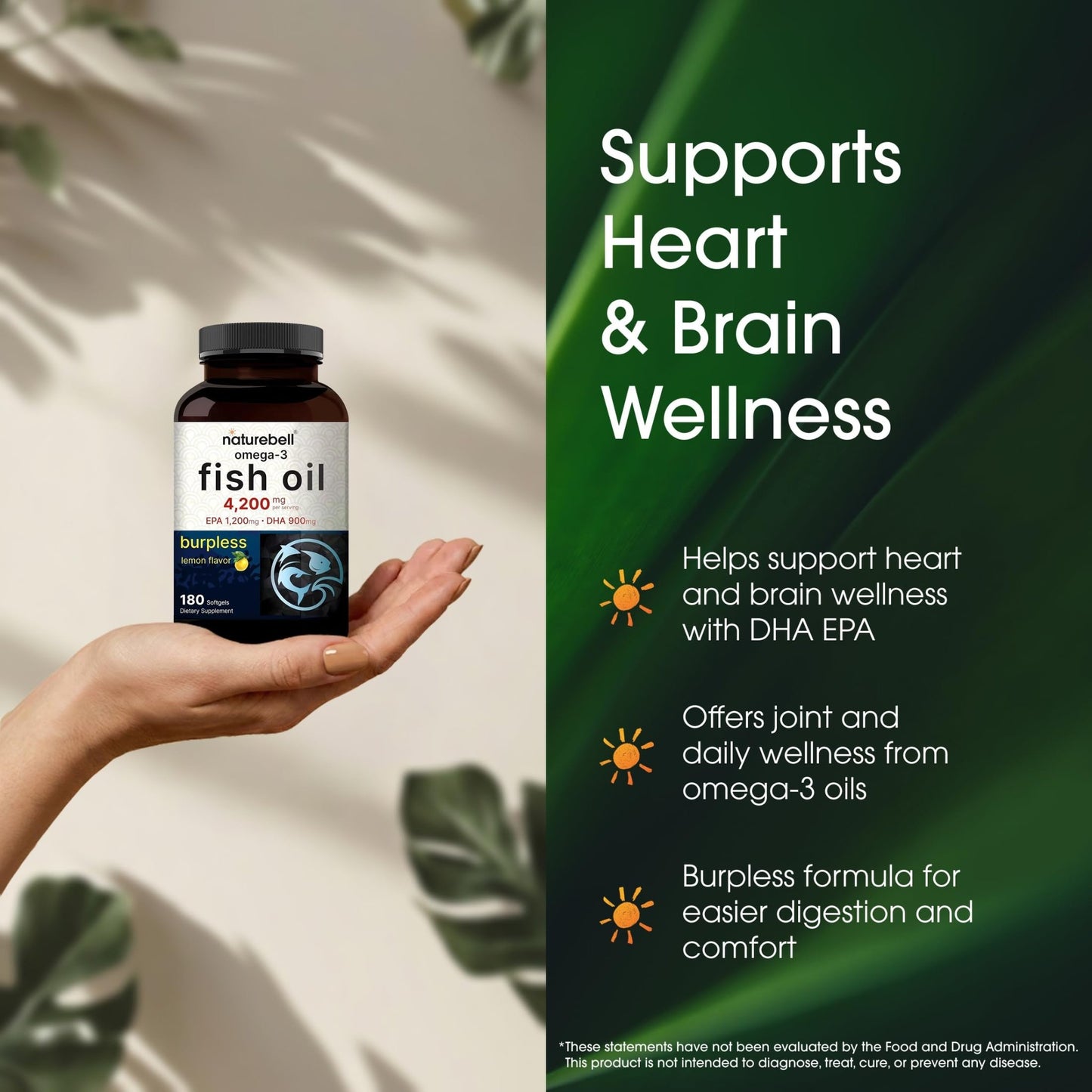 NatureBell Omega-3 Fish Oil - 180 Softgels - Support for Joint, Brain & Heart Health* - with EPA & DHA - No Burps or Fishy Aftertaste - Non-GMO - dailyvitalstore