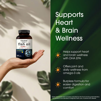 NatureBell Omega-3 Fish Oil - 180 Softgels - Support for Joint, Brain & Heart Health* - with EPA & DHA - No Burps or Fishy Aftertaste - Non-GMO & Mercury-Free Formula - Lemon Flavor - dailyvitalstore