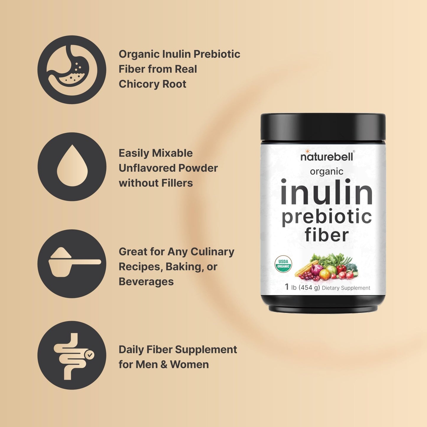 NatureBell Organic Inulin Prebiotic Fiber Powder, 1lb | Natural Chicory Root Source – Easily Mixes with Coffee or Smoothies – Fiber Supplement for Women & Men - dailyvitalstore