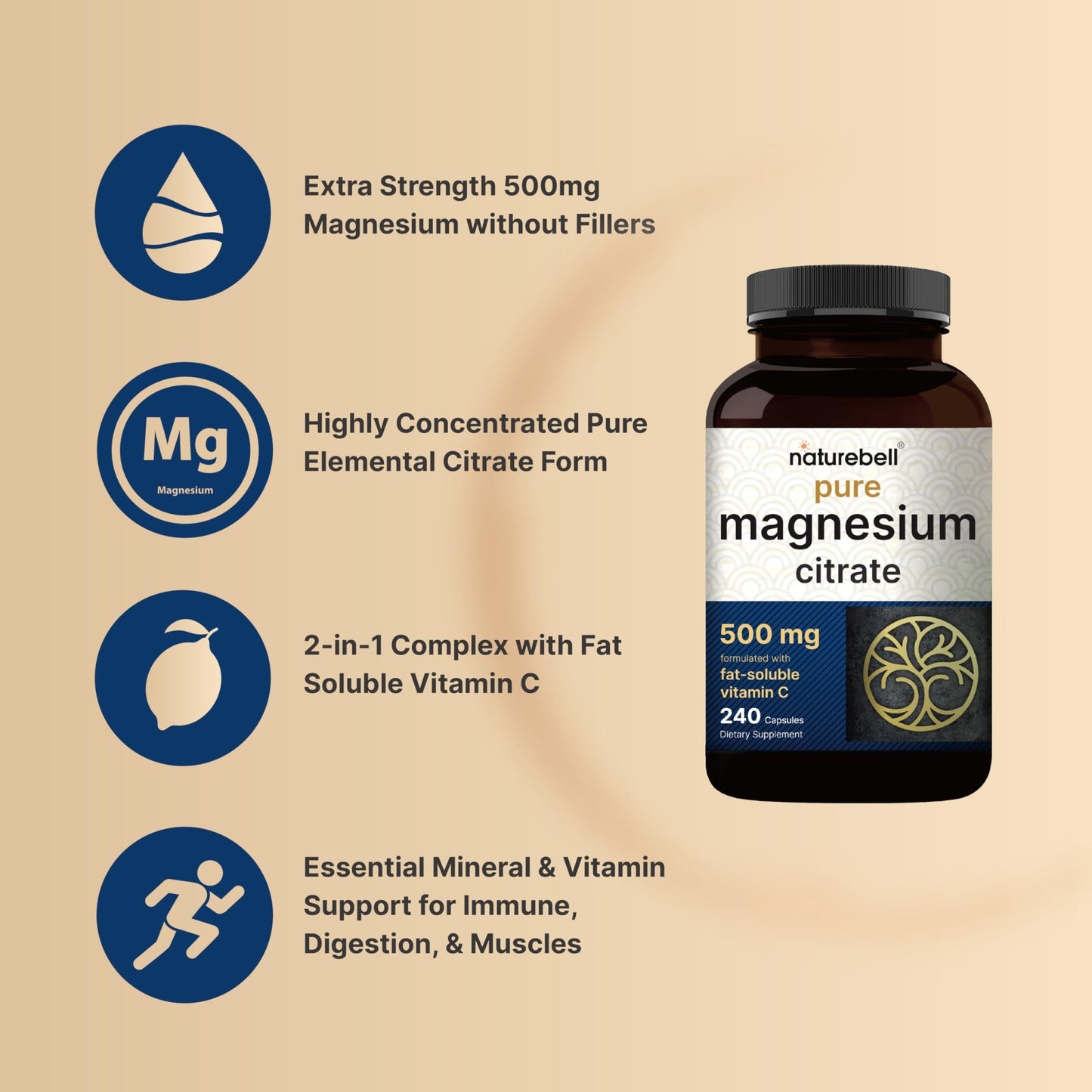 NatureBell Pure Magnesium Citrate 500mg per 3 Capsules Serving Size, 240 Capsules per Bottle - dailyvitalstore