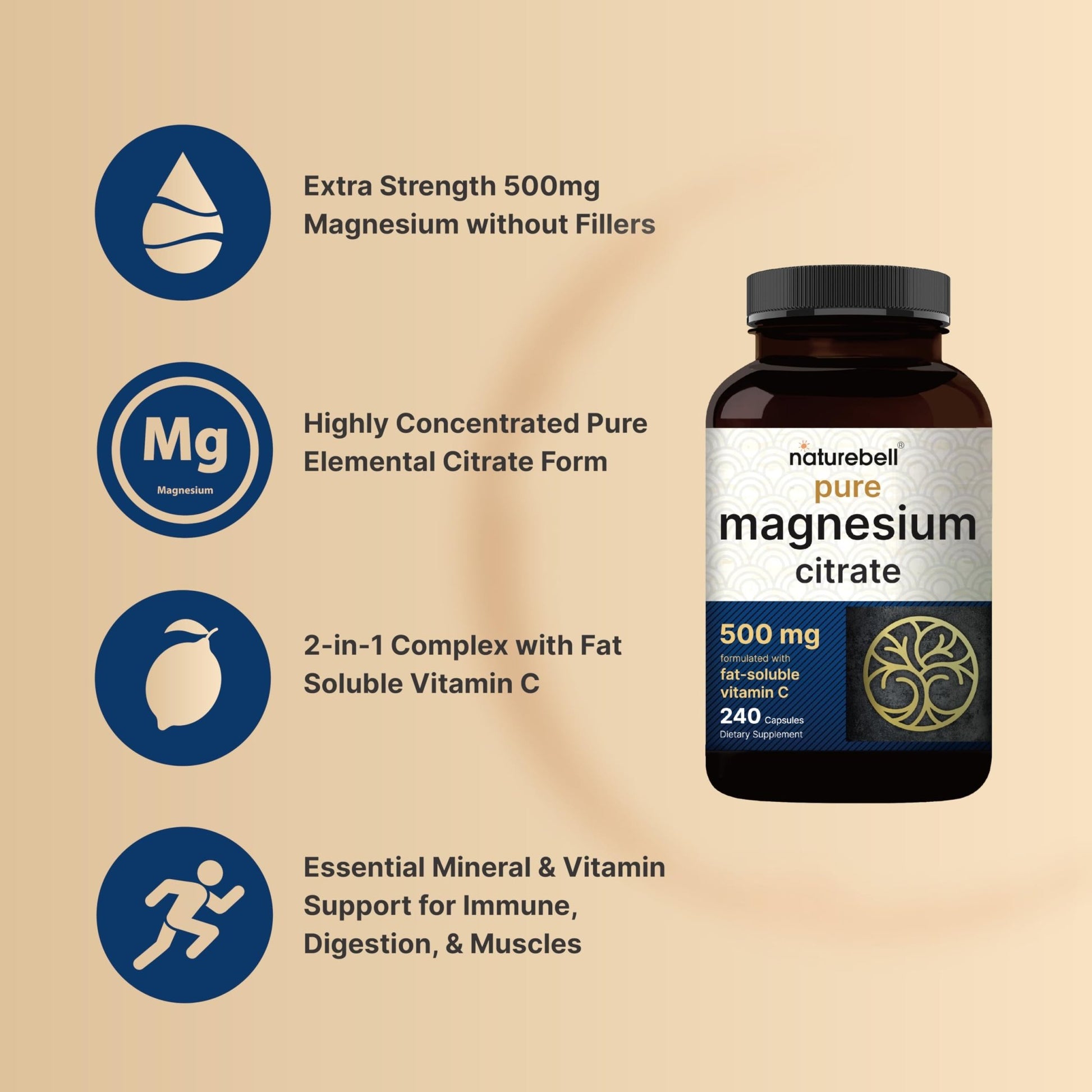 NatureBell Pure Magnesium Citrate 500mg per 3 Capsules Serving Size, 240 Capsules per Bottle - dailyvitalstore
