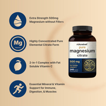 NatureBell Pure Magnesium Citrate 500mg per 3 Capsules Serving Size, 240 Capsules per Bottle - dailyvitalstore