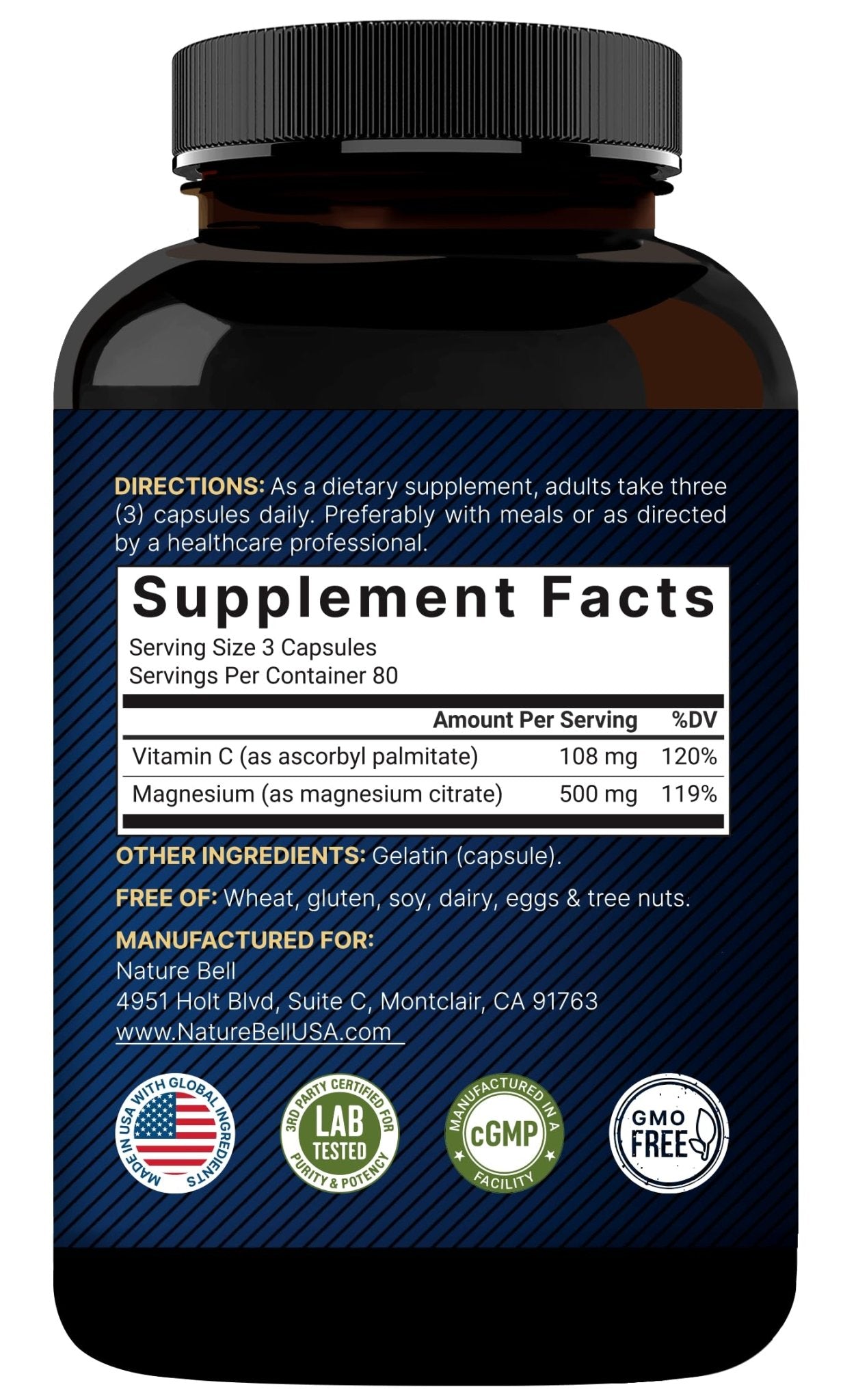NatureBell Pure Magnesium Citrate 500mg per 3 Capsules Serving Size, 240 Capsules per Bottle - dailyvitalstore