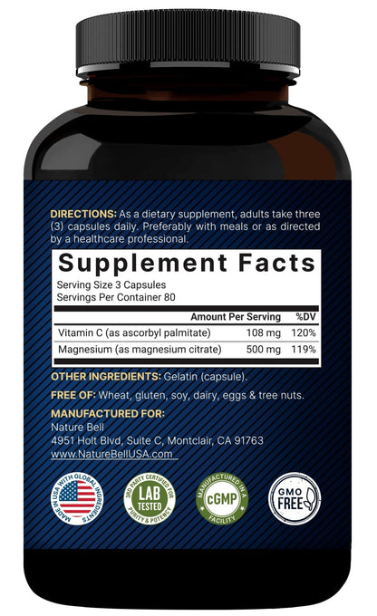 NatureBell Pure Magnesium Citrate 500mg per 3 Capsules Serving Size, 240 Capsules per Bottle - dailyvitalstore
