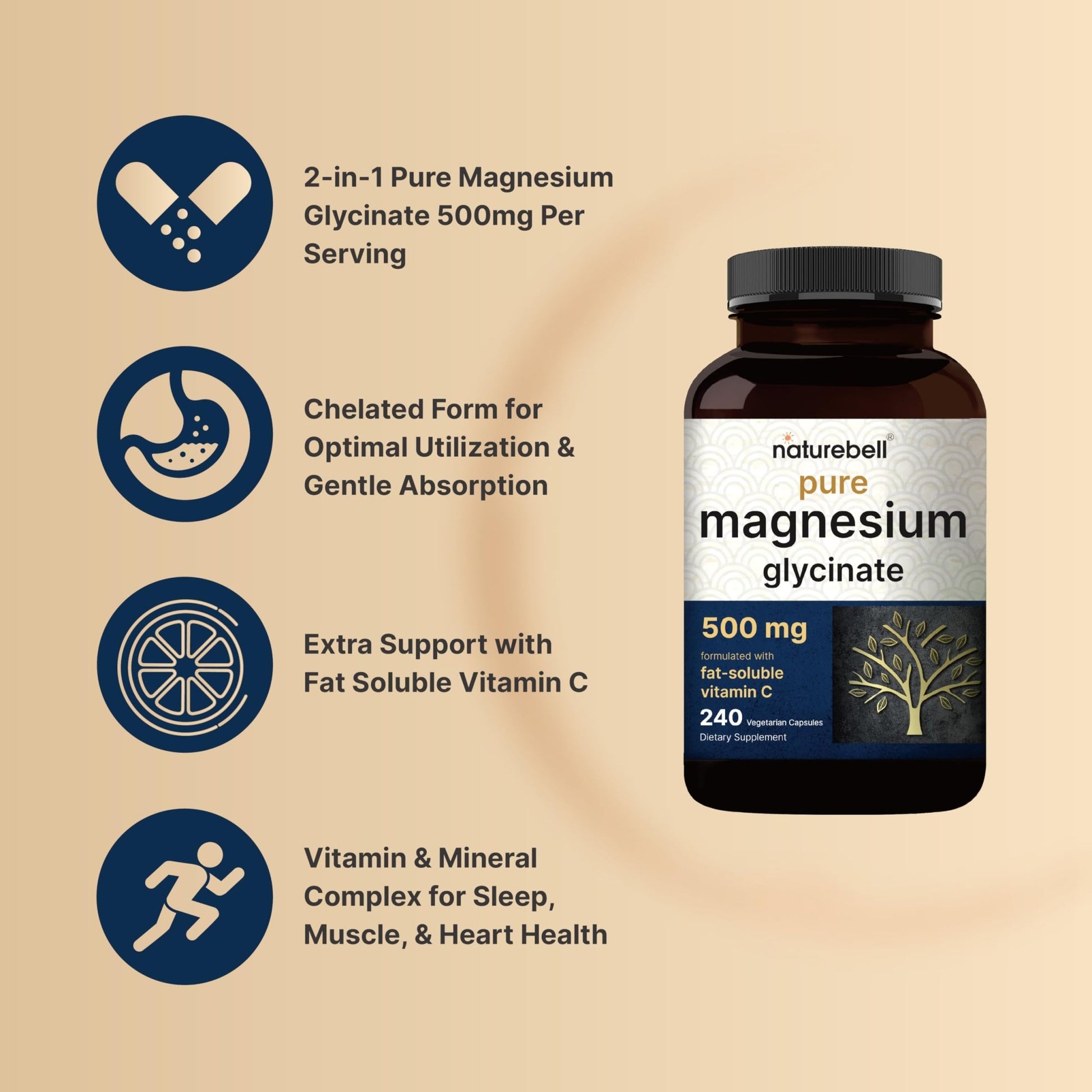 Naturebell Pure Magnesium Glycinate 500mg, 240 Veggie Capsules | 100% Chelated & Purified – 3rd Party Tested, Vegan Friendly, Non-GMO, Fiiler Free - dailyvitalstore