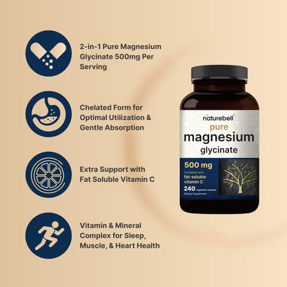 Naturebell Pure Magnesium Glycinate 500mg, 240 Veggie Capsules | 100% Chelated & Purified – 3rd Party Tested, Vegan Friendly, Non-GMO, Fiiler Free - dailyvitalstore