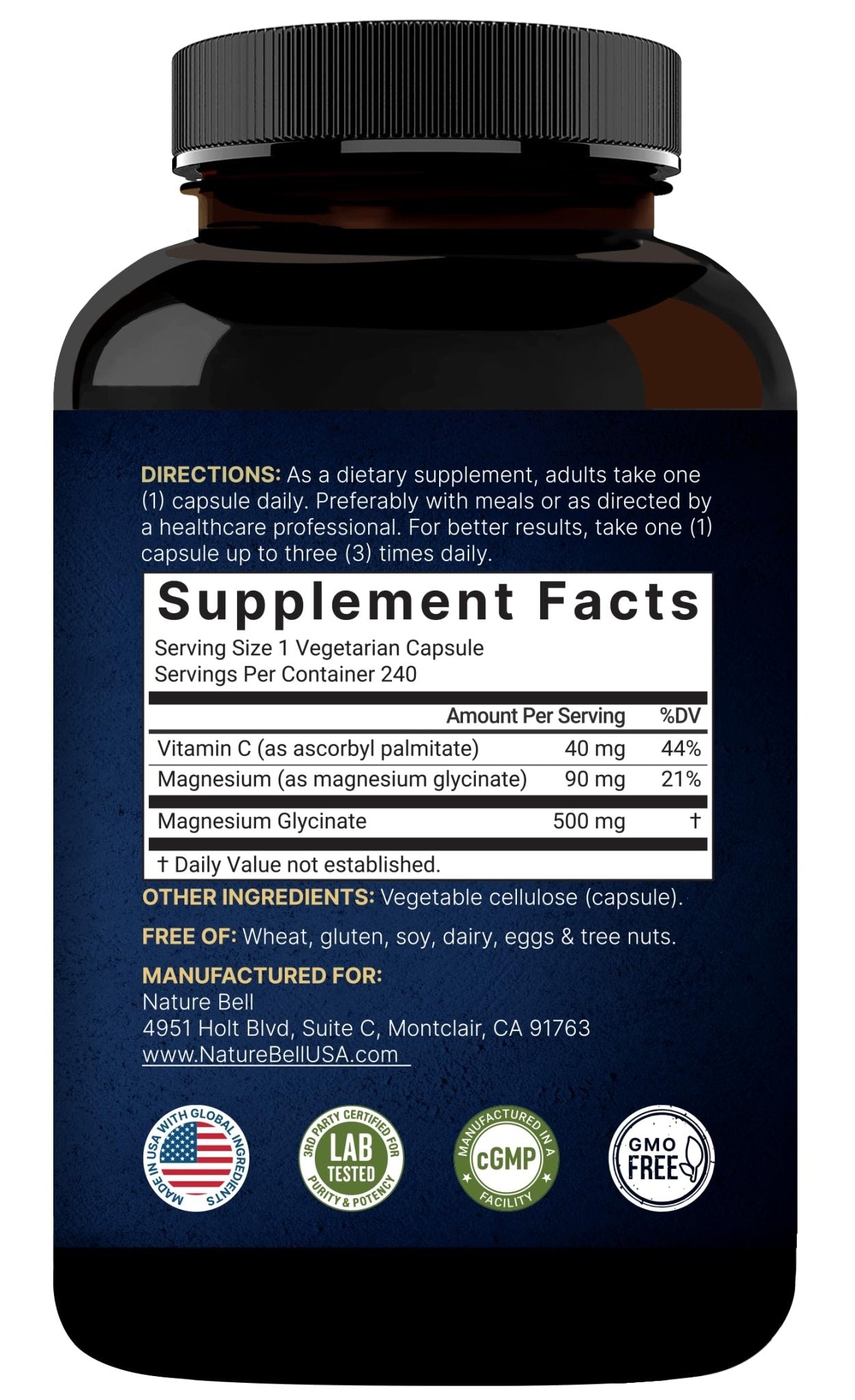 Naturebell Pure Magnesium Glycinate 500mg, 240 Veggie Capsules | 100% Chelated & Purified – 3rd Party Tested, Vegan Friendly, Non-GMO, Fiiler Free - dailyvitalstore