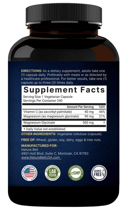 Naturebell Pure Magnesium Glycinate 500mg, 240 Veggie Capsules | 100% Chelated & Purified – 3rd Party Tested, Vegan Friendly, Non-GMO, Fiiler Free - dailyvitalstore