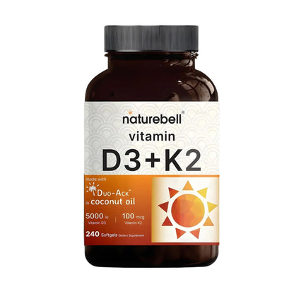NatureBell Vitamin D3 K2-240 Softgels - 5,000 IU Vitamin D3 & 100mcg Vitamin K2 MK-7 - with Virgin Coconut Oil - Bone, Heart & Immune Health Support - dailyvitalstore
