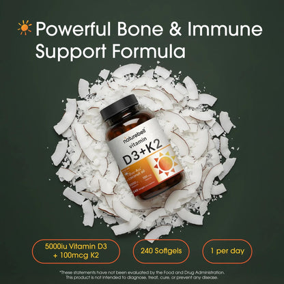 NatureBell Vitamin D3 K2-240 Softgels - 5,000 IU Vitamin D3 & 100mcg Vitamin K2 MK-7 - with Virgin Coconut Oil - Bone, Heart & Immune Health Support - dailyvitalstore