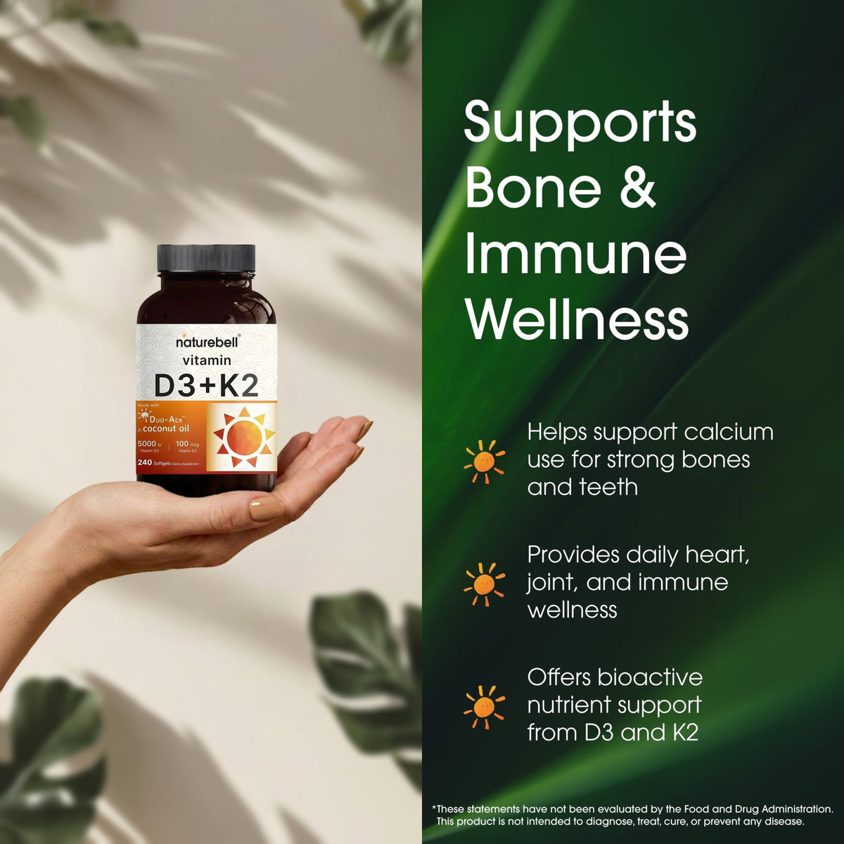 NatureBell Vitamin D3 K2-240 Softgels - 5,000 IU Vitamin D3 & 100mcg Vitamin K2 MK-7 - with Virgin Coconut Oil - Bone, Heart & Immune Health Support - dailyvitalstore