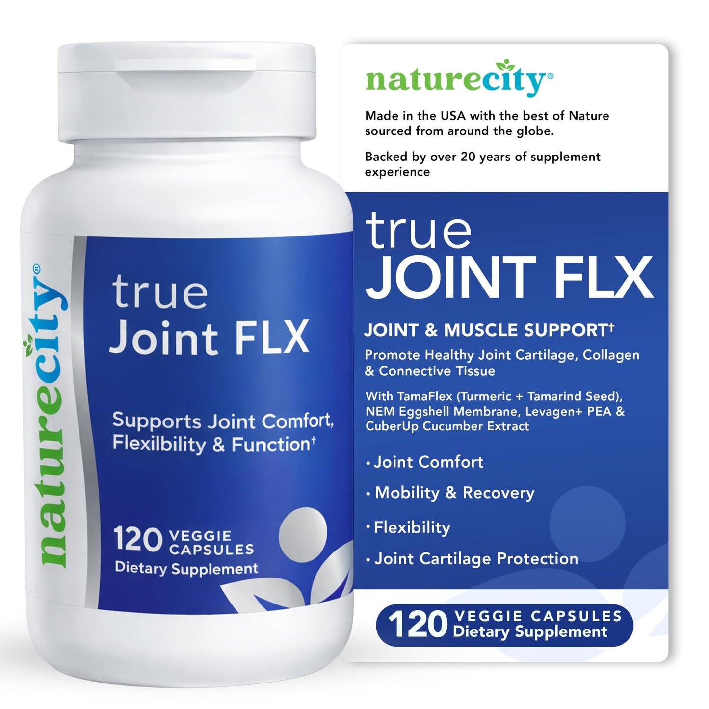 NatureCity True-Joint FLX Joint Supplement Formula (120 Capsules) | TamaFlex, NEM Eggshell Membrane, Levagen+ PEA & CuberUp | Supports Joint Comfort, Flexibility, Mobility, Function & Cartilage Health - dailyvitalstore