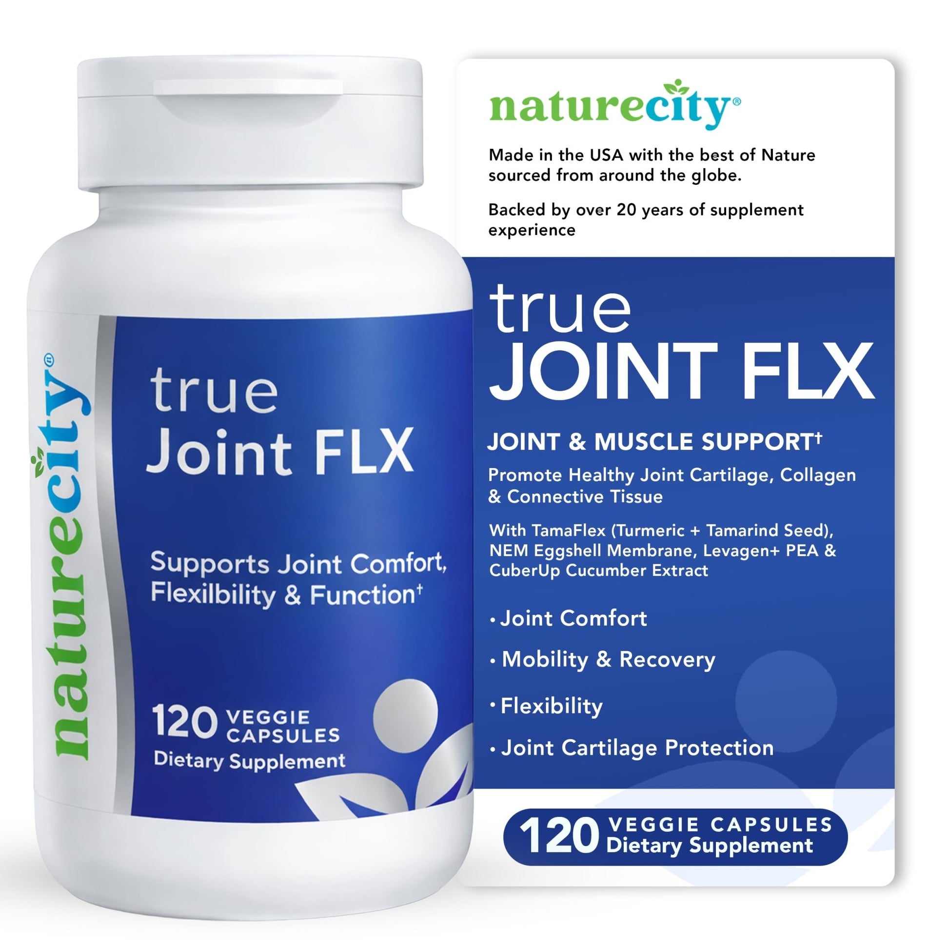 NatureCity True-Joint FLX Joint Supplement Formula (120 Capsules) | TamaFlex, NEM Eggshell Membrane, Levagen+ PEA & CuberUp | Supports Joint Comfort, Flexibility, Mobility, Function & Cartilage Health - dailyvitalstore