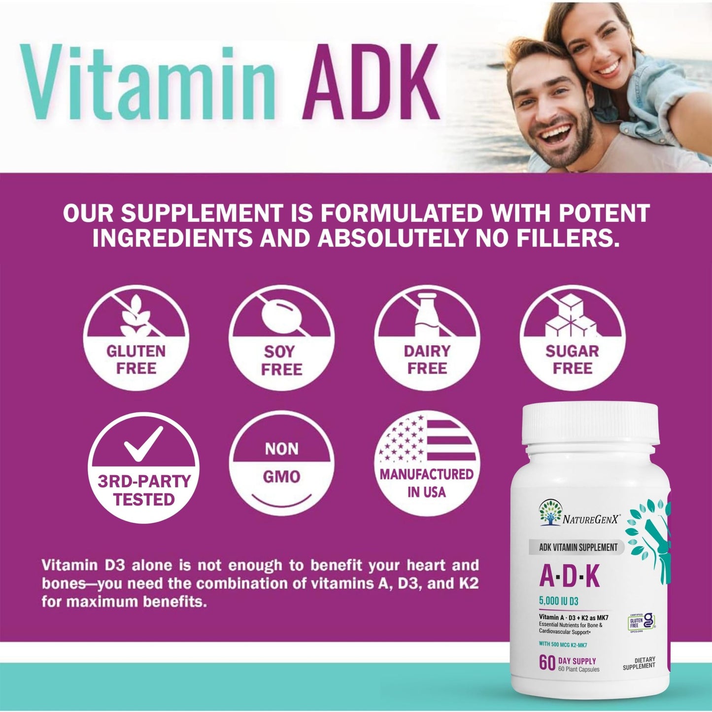 NatureGenX ADK Vitamin Supplement – Vitamins A, D3 & K2 MK-7 for Bone Health & Calcium Absorption – Gluten-Free, Non-GMO, Soy-Free - dailyvitalstore