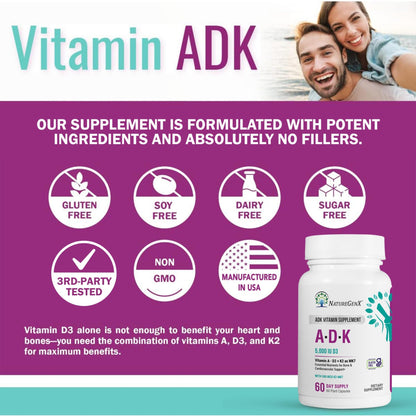 NatureGenX ADK Vitamin Supplement – Vitamins A, D3 & K2 MK-7 for Bone Health & Calcium Absorption – Gluten-Free, Non-GMO, Soy-Free - dailyvitalstore