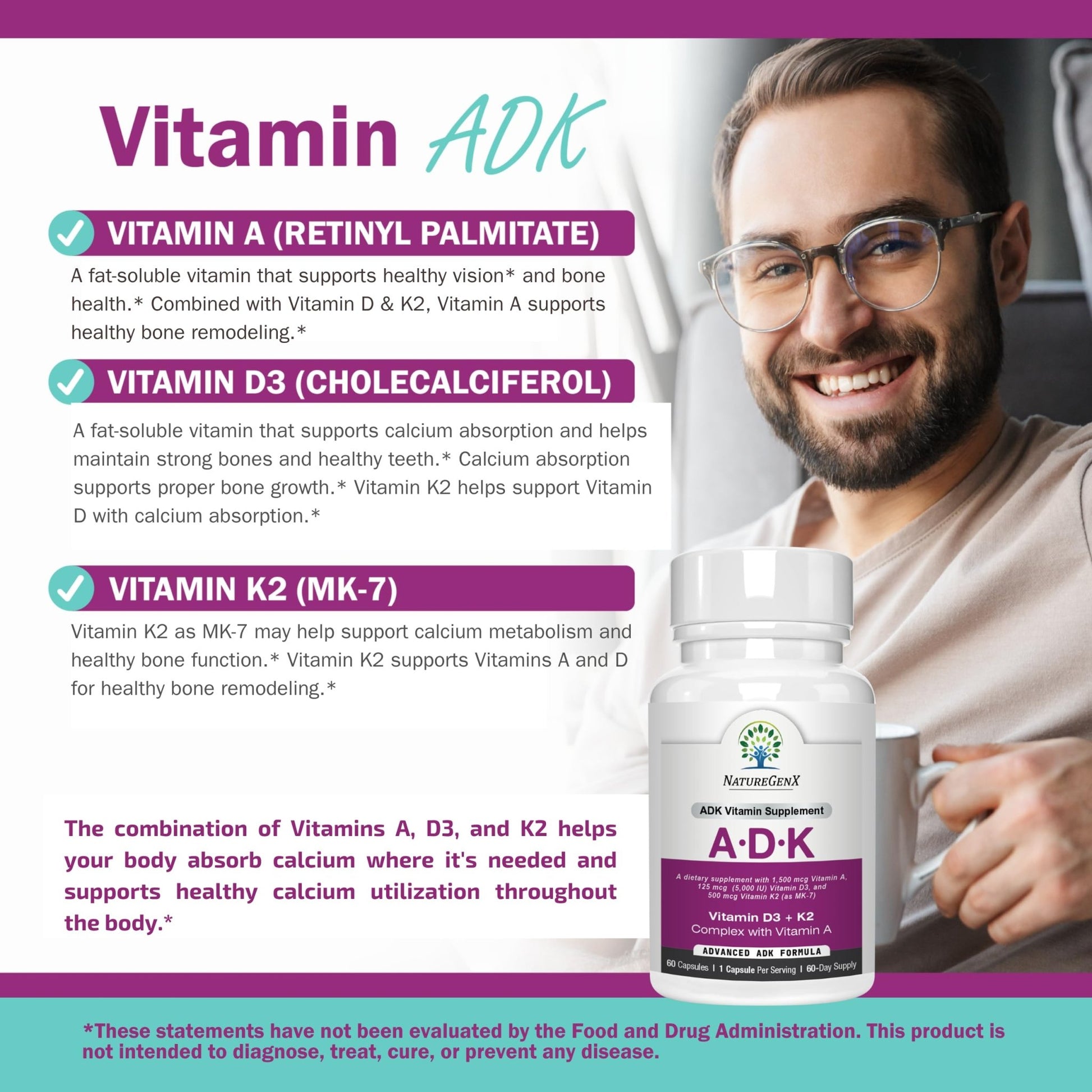 NatureGenX ADK Vitamin Supplement – Vitamins A, D3 & K2 MK-7 for Bone Health & Calcium Absorption – Gluten-Free, Non-GMO, Soy-Free - dailyvitalstore
