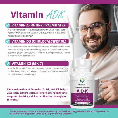 NatureGenX ADK Vitamin Supplement – Vitamins A, D3 & K2 MK-7 for Bone Health & Calcium Absorption – Gluten-Free, Non-GMO, Soy-Free - dailyvitalstore
