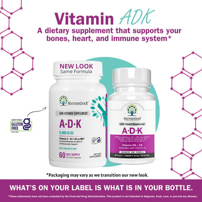 NatureGenX ADK Vitamin Supplement – Vitamins A, D3 & K2 MK-7 for Bone Health & Calcium Absorption – Gluten-Free, Non-GMO, Soy-Free - dailyvitalstore