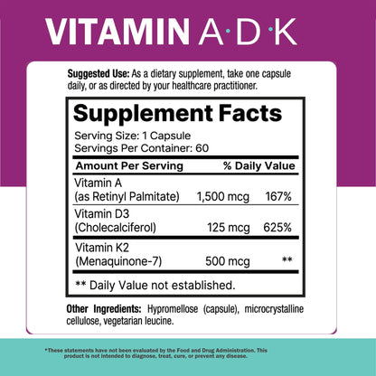NatureGenX ADK Vitamin Supplement – Vitamins A, D3 & K2 MK-7 for Bone Health & Calcium Absorption – Gluten-Free, Non-GMO, Soy-Free - dailyvitalstore
