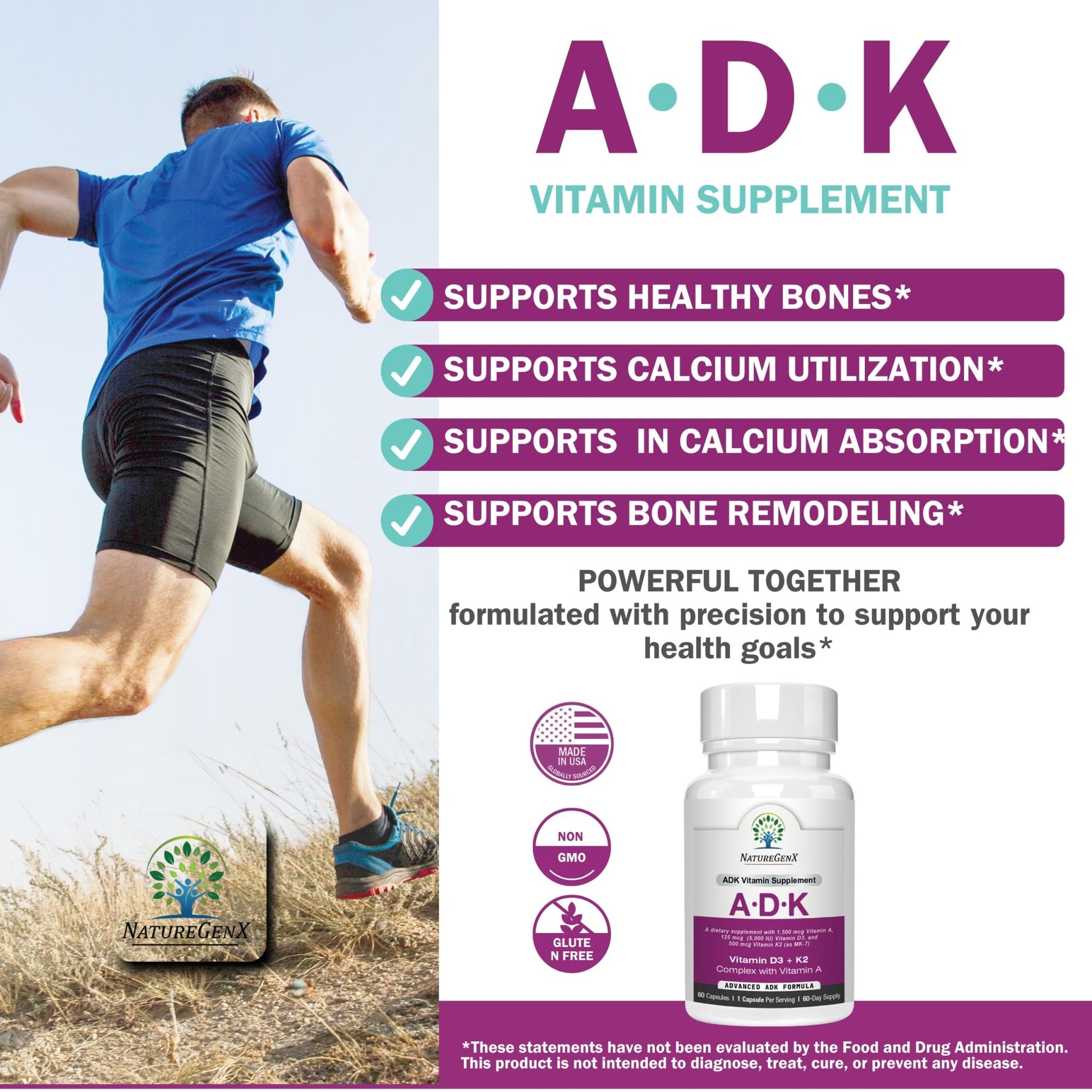 NatureGenX ADK Vitamin Supplement – Vitamins A, D3 & K2 MK-7 for Bone Health & Calcium Absorption – Gluten-Free, Non-GMO, Soy-Free - dailyvitalstore