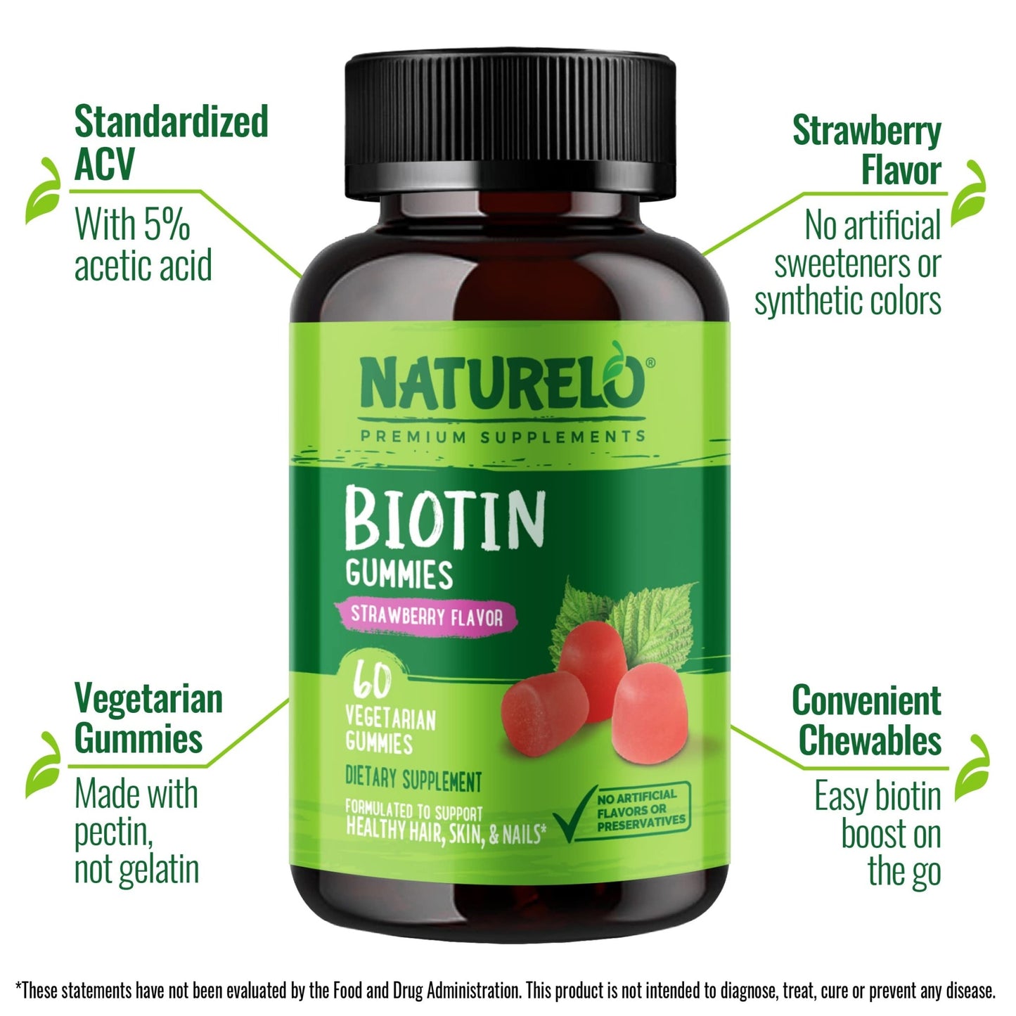 NATURELO Biotin Gummies - Supports Healthy Hair, Skin & Nails - High Potency 2500 mcg - Non GMO, Gluten Free - 60 Gummies - dailyvitalstore